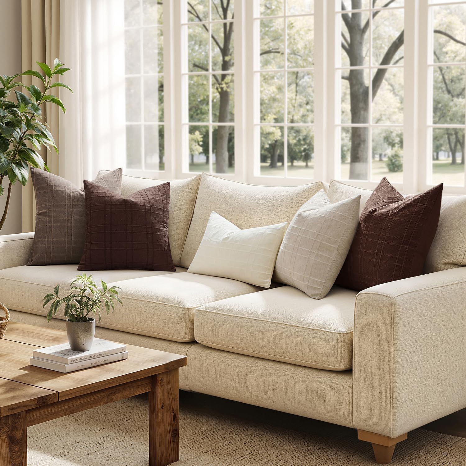 Miulee Decorative Linen Check Euro Shams Throw Pillow Covers Neutral Farmhouse Vintage Pillow Covers 24x24 Set of 2 Boho Modern Winter Home…