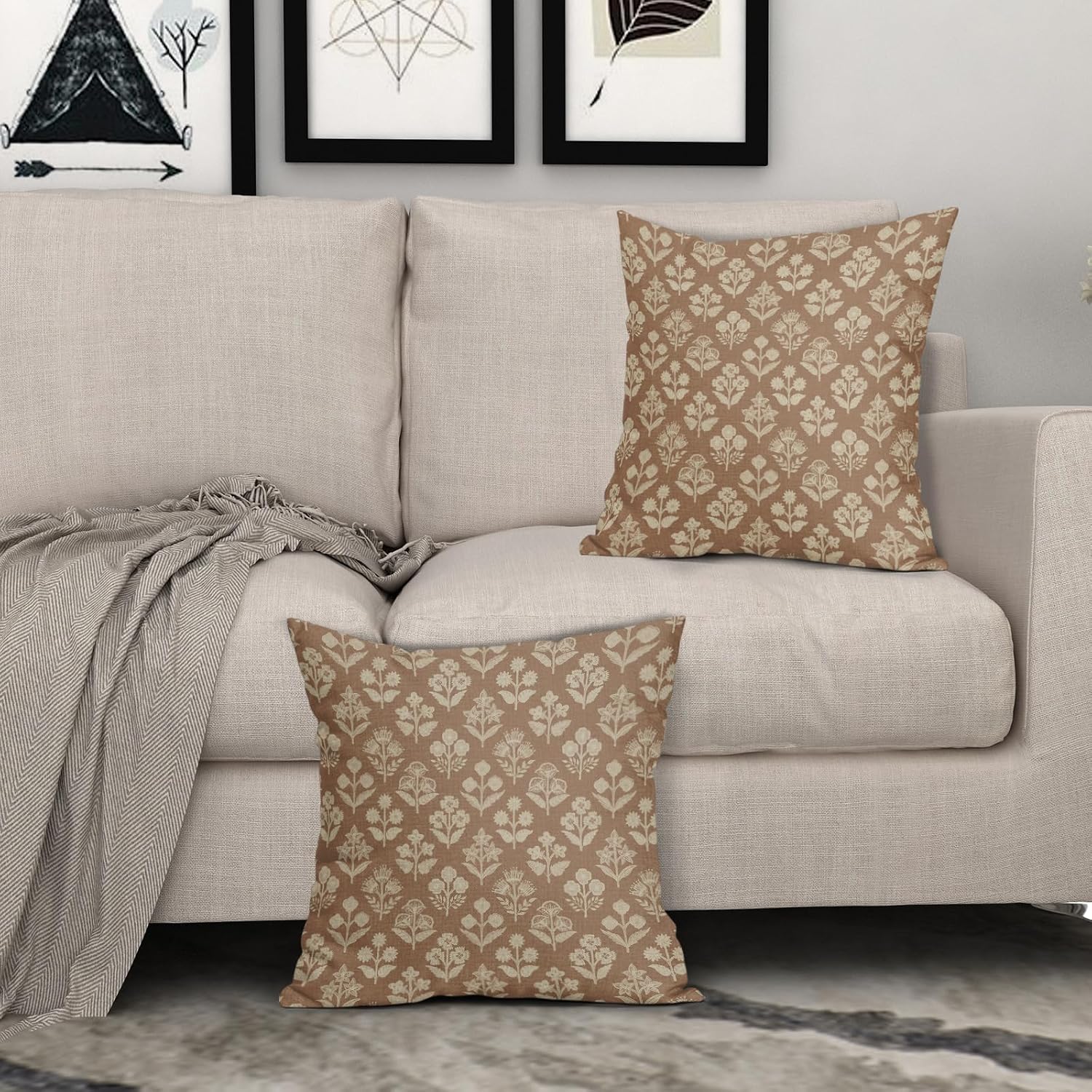 Brown Floral Block Print Pillow Covers 20x20 Inch Set of 2, Vintage Flower Pattern Decorative Throw Pillowcases Outdoor Farmhouse Cushion…