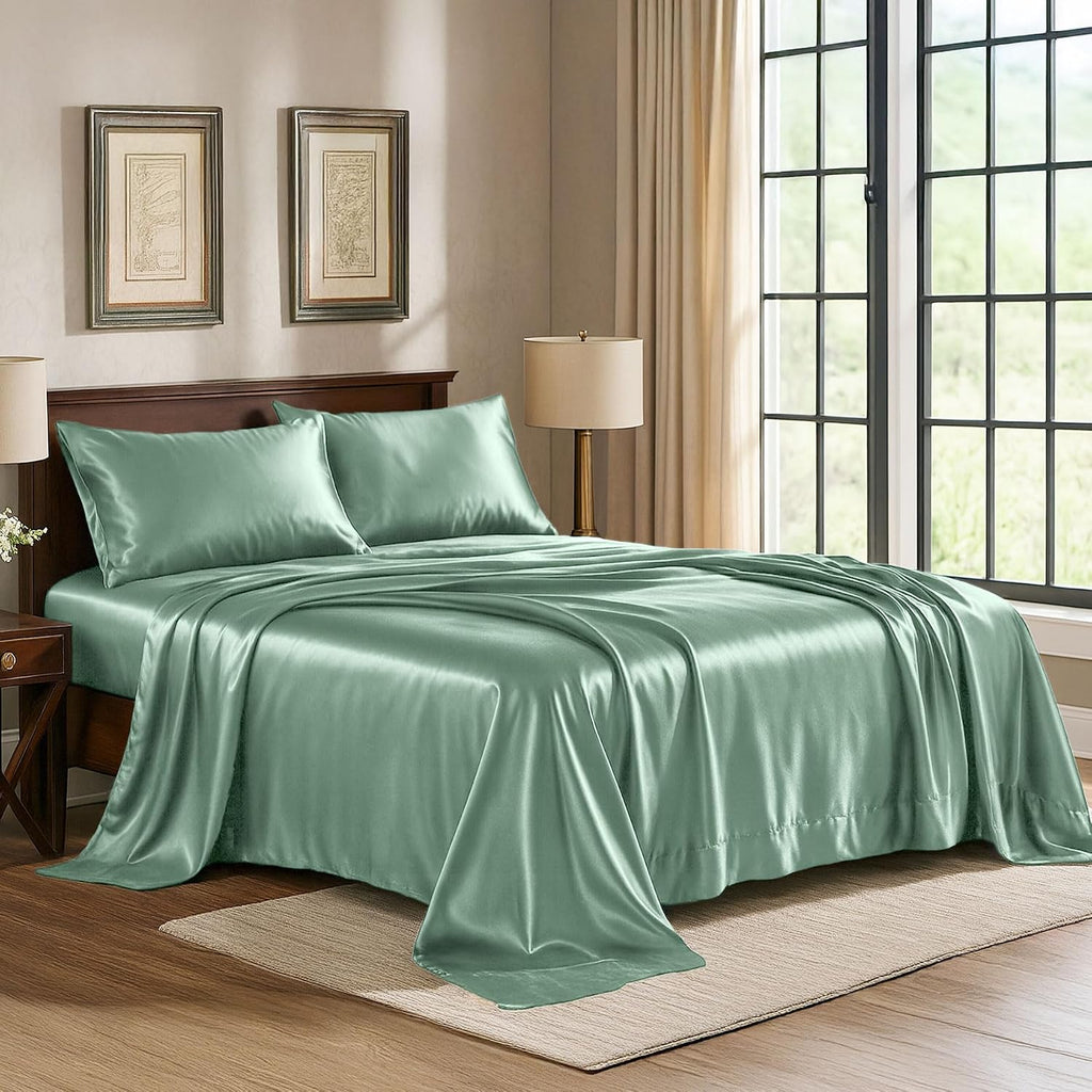 PureBedding Satin Sheets King [4-Piece, Champagne Green] Hotel Luxury Silky Bed Sheets - Extra Soft 1800 Microfiber Sheet Set, Wrinkle, Fad…