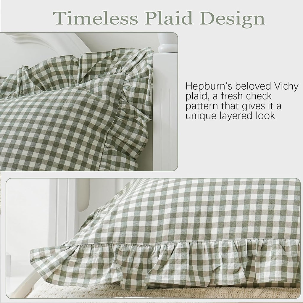 Qilunn 2 Pack Sage Green White Plaid Ruffle Pillow Shams Standard Size 20x26 inches, 100% Cotton Gingham Checkered Farmhouse Pillowcases fo…