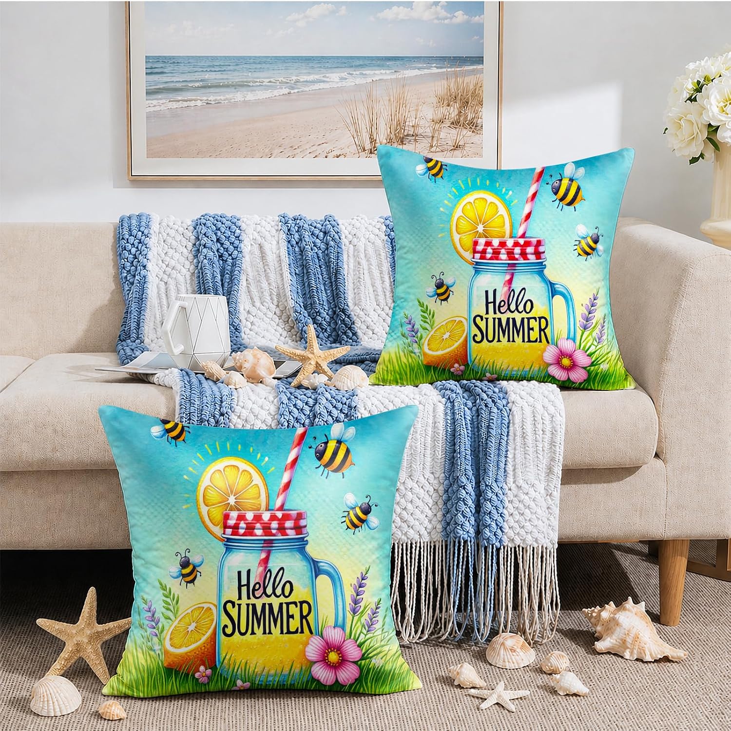BlissYard Hello Summer Lemon Throw Pillow Covers 18x18 Set of 2 Decorative Pillow Covers Bee Lemonade Summer Cushion Covers Farmhouse…