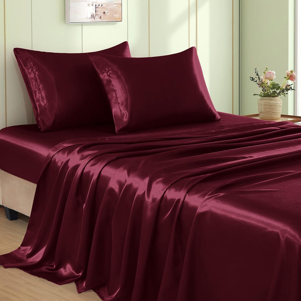 VACVELT 4pcs Burgundy Satin Sheets Queen Size Bed Set, 15 Inch Deep Pocket Silky Satin Sheet Set, Soft Satin Bedding Set Cooling & Luxury…