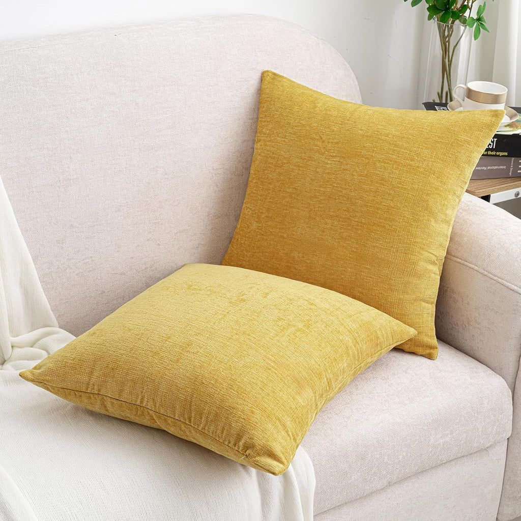 Hwy50 HWY 50 Mustard Yellow Throw Pillow Covers 20x20 Inch Pack of 2, Soft Chenille Decorative Cushion Cases for Couch Sofa Bed Living Room…