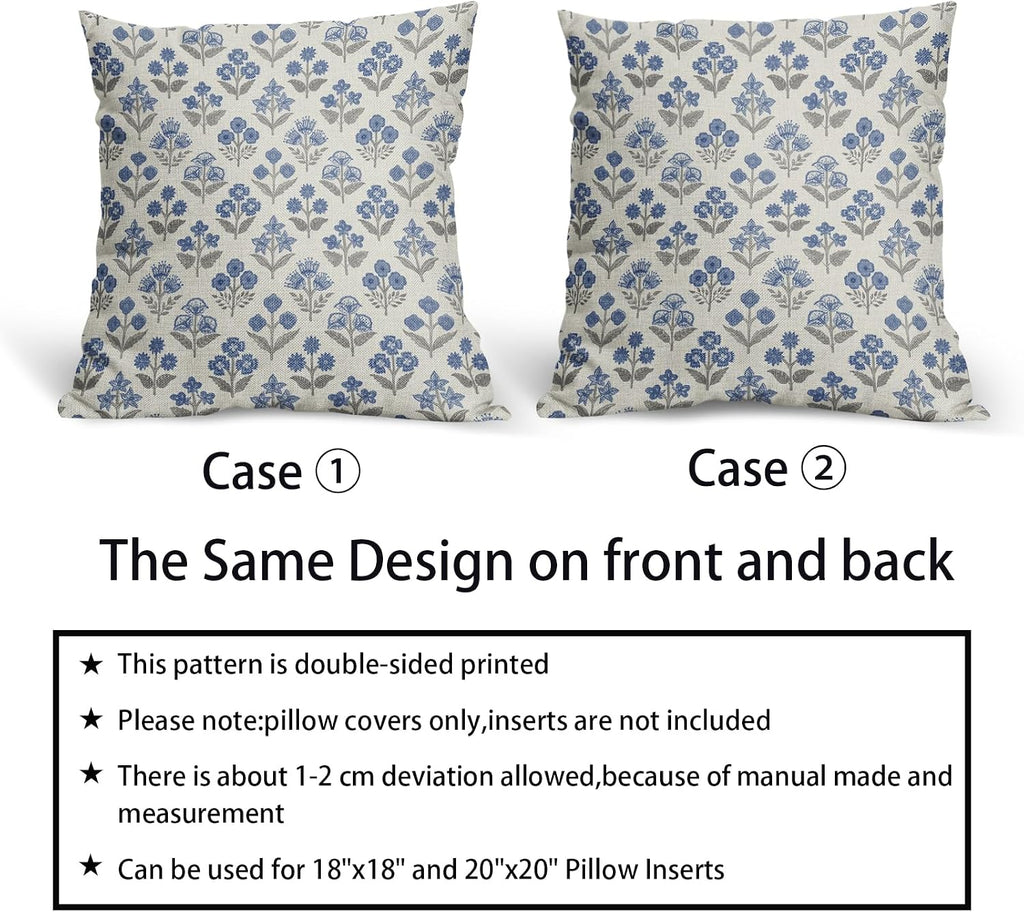 Blue Grey Gray Floral Pillow Covers 22x22 Inch Set of 2, Vintage Flower Block Print Pattern Decorative Throw Pillowcases Outdoor…