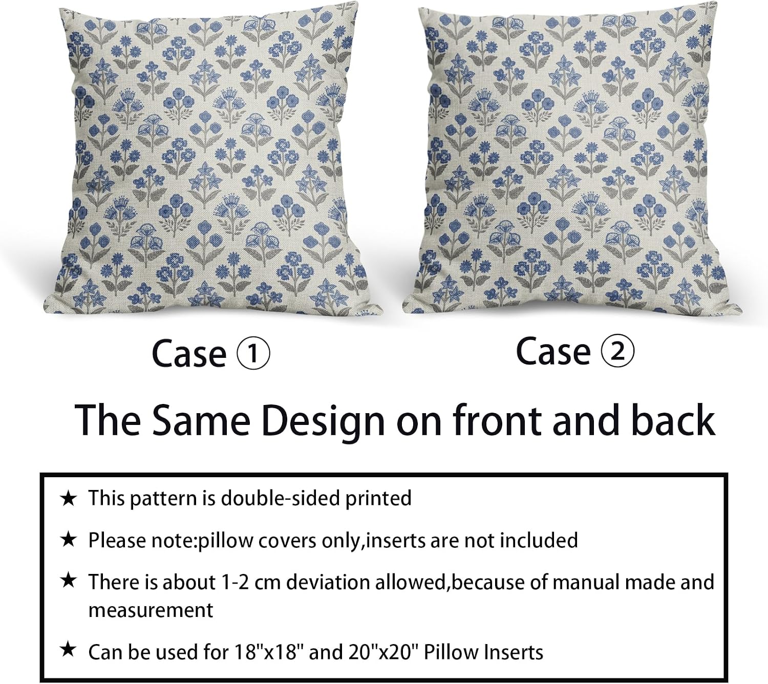 Blue Grey Gray Floral Pillow Covers 22x22 Inch Set of 2, Vintage Flower Block Print Pattern Decorative Throw Pillowcases Outdoor…