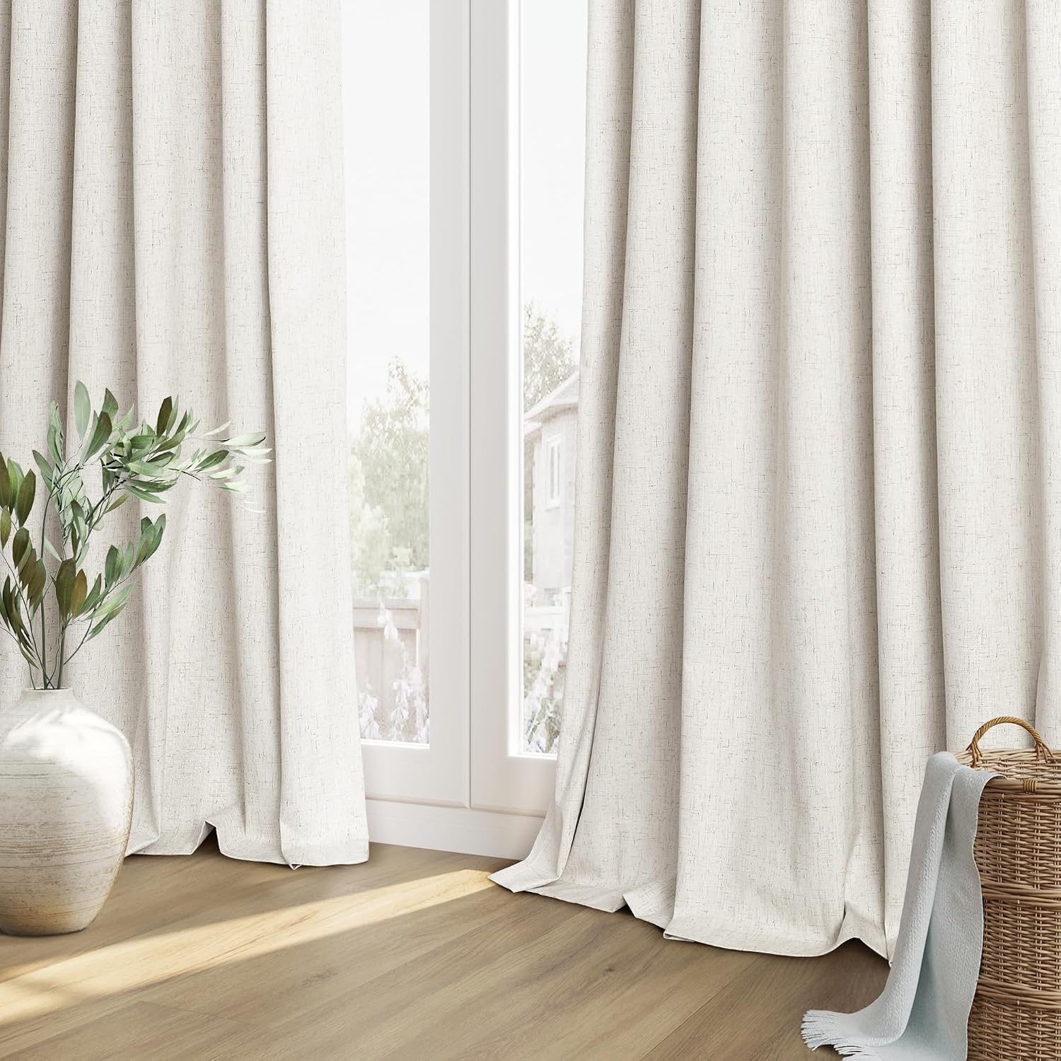 Guken Beige White 100% Blackout Linen Curtains 126 Inch Length 2 Panels Set for Living Room Bedroom Back Tab Thermal Insulated Black Out Dr…
