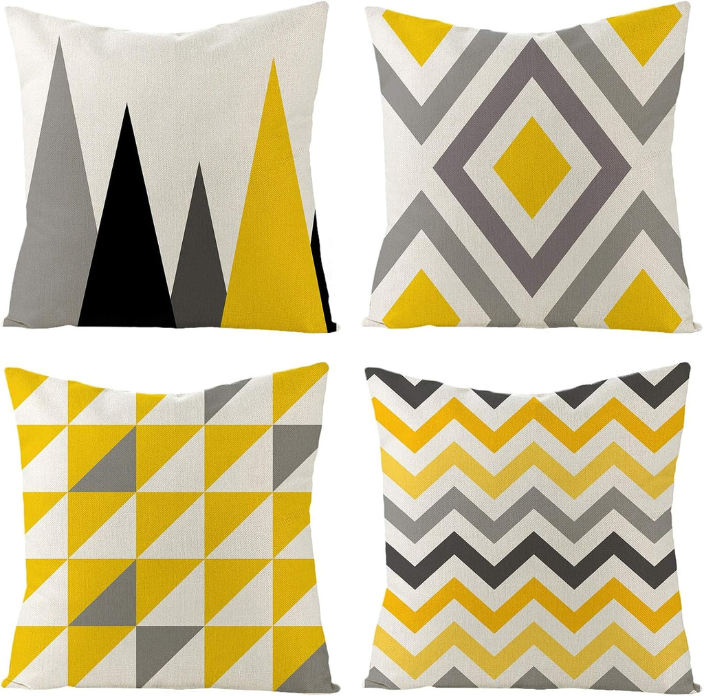 Tosewever Set of 4 Decorative Geometric Yellow Grey 18 x 18 Inches Throw Pillow Covers - Modern Pattern Linen Square Pillow Cushion Case fo…