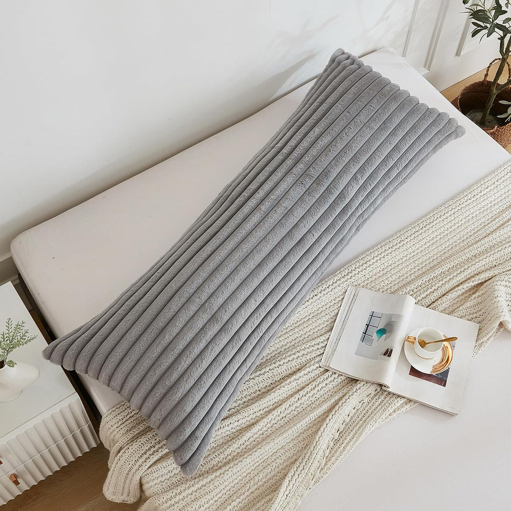 Memfydu Full Body Pillow with Fluffy Stripe Faux Fur Removable Cover, Long Bed Pillow Adult 20x54 Inches for Side Sleeper and Pregnancy, Gr…