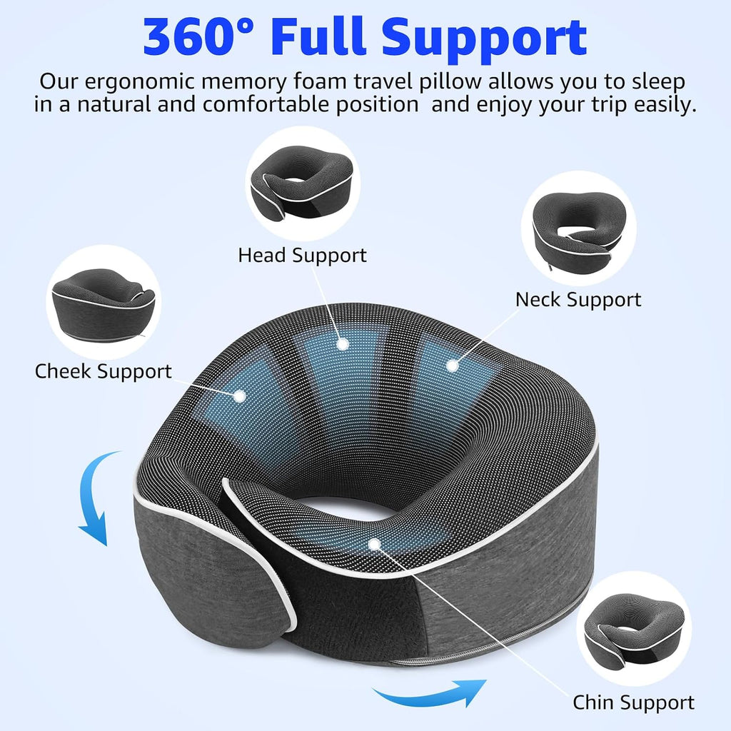 Travel Pillows for Airplanes Ergonomic Memory Foam Neck Pillow for Travel - 360° Head & Neck Support for Sleeping on Flights, Cars…