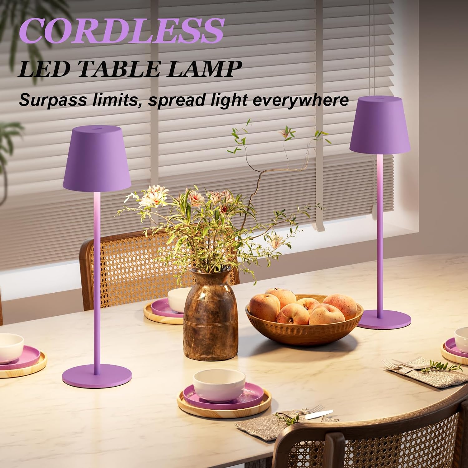 Kakanuo Cordless Table Lamp Rechargeable Purple - KK 2 Pack 5000mAH Battery Operated Lamp for Counter, 3 Color Stepless Dimming Wireless…