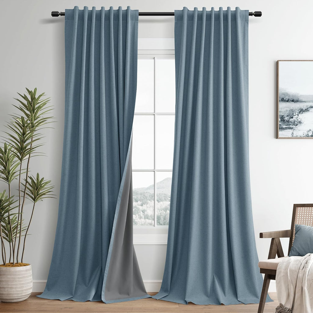 Guken Blue Linen 100% Blackout Curtains 108 Inches Long 2 Panels Set Country Farmhouse Back Tab Hook Belt Black Out Room Darkening Thermal…
