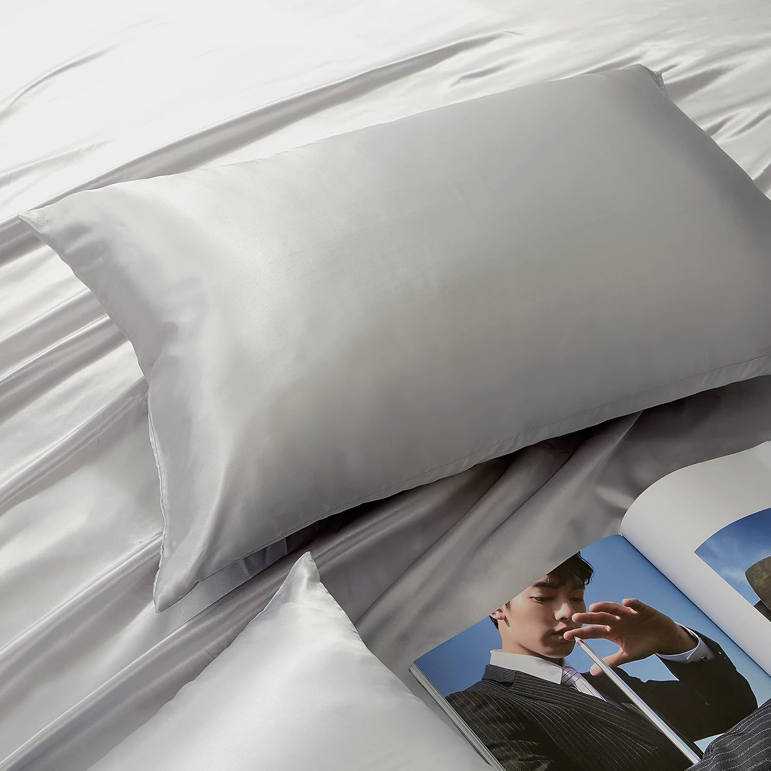 HommxJF King Size Satin Pillowcase Set of 2 with Envelope Closure, Light Gray Silk Pillowcase for Hair and Skin (20x36) Gray