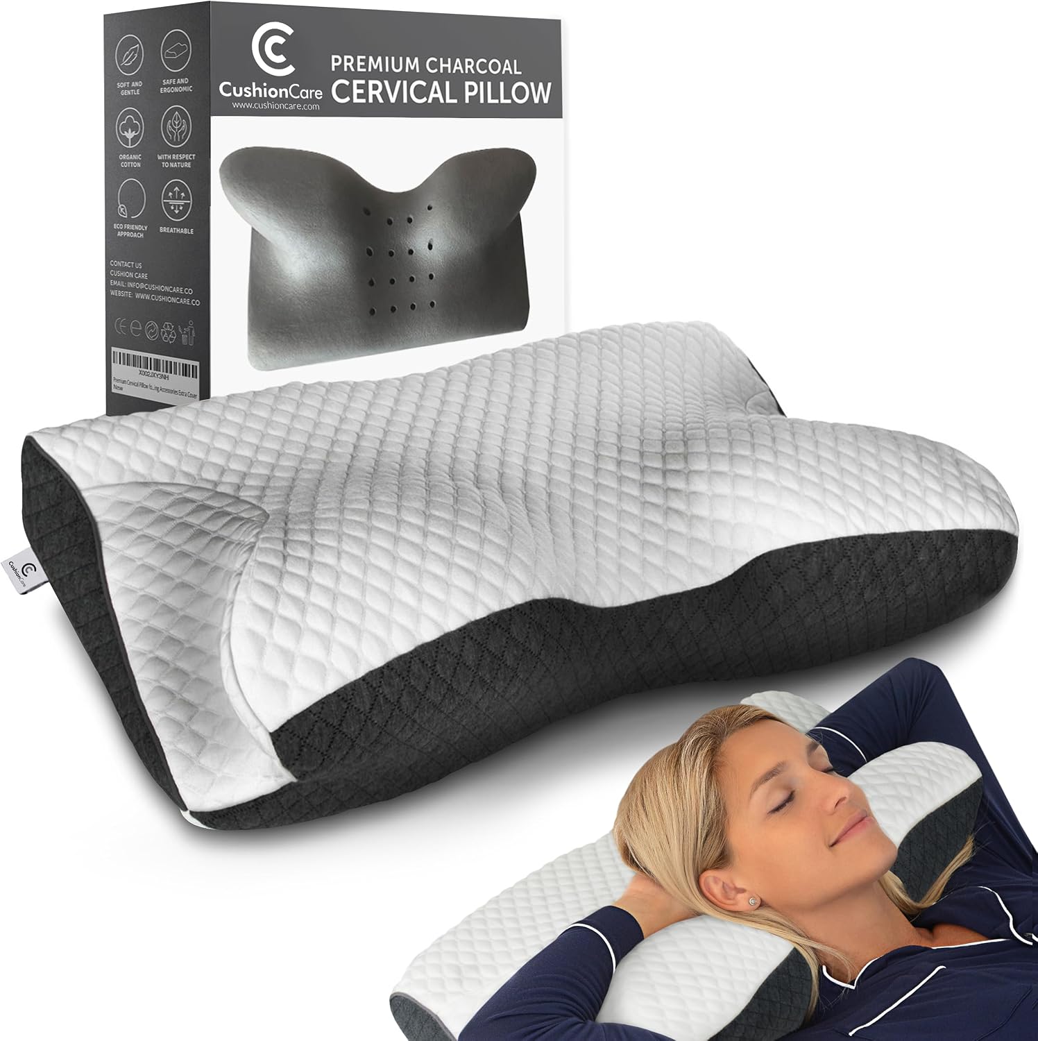 CushionCare Charcoal Pillow for Neck and Shoulder – Bamboo Charcoal Memory Foam Cervical Pillow with Orthopedic Contour Support & Ventilate…