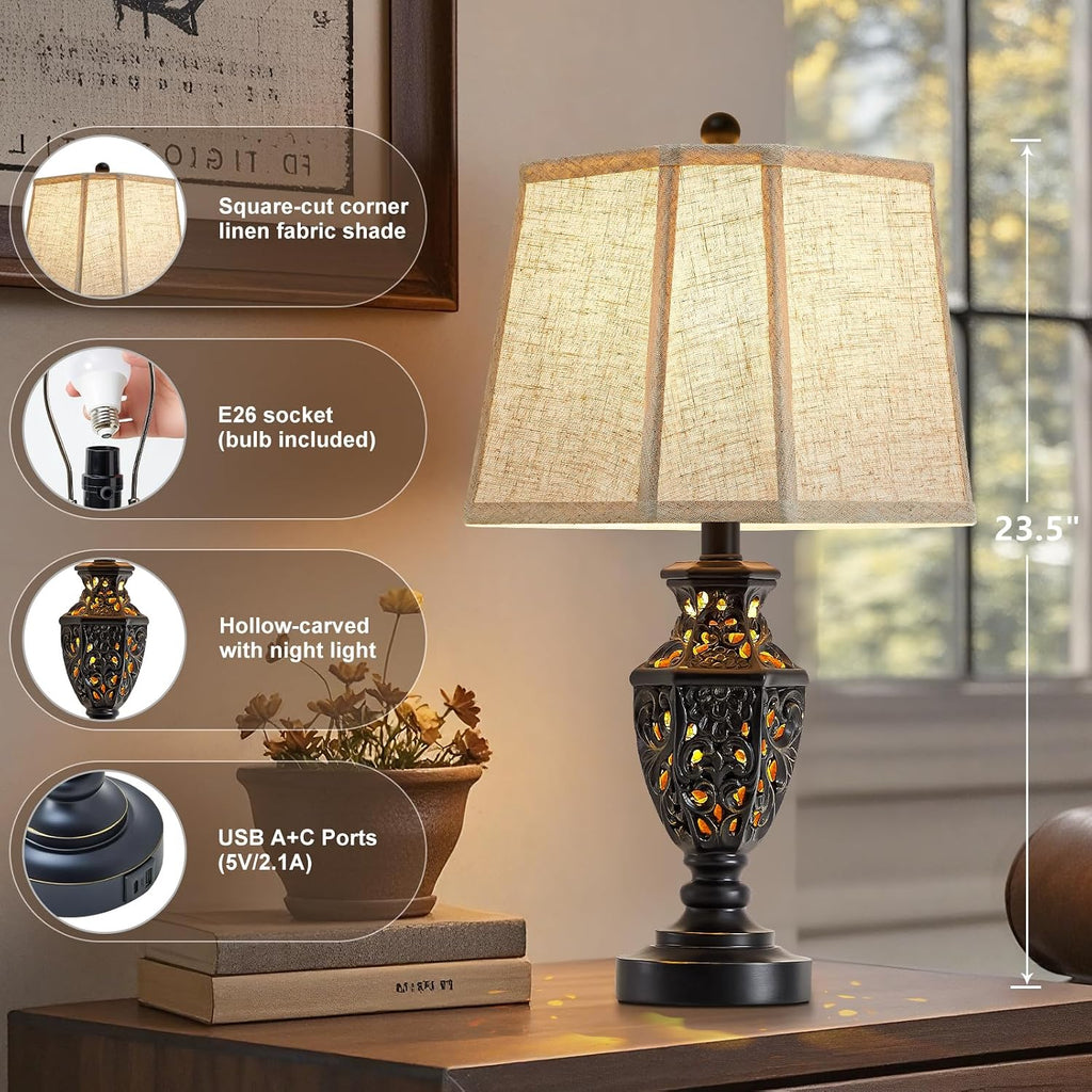 EJIAXIN Lamps for Night Stands Set of 2-23.5" Vintage Bedside Lamp with USB A+C and Nightlight - Black Retro Carved Resin Farmhouse Table…