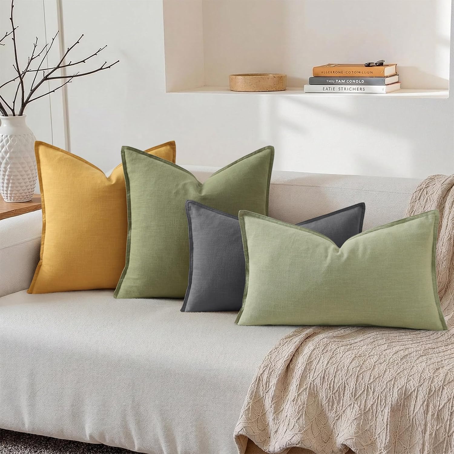 decorUhome Summer Decorative Linen Throw Pillow Covers 12x20 Inch Set of 2 Sage Green Lumbar Pillow Covers with Flange Edges Soft Farmhouse…