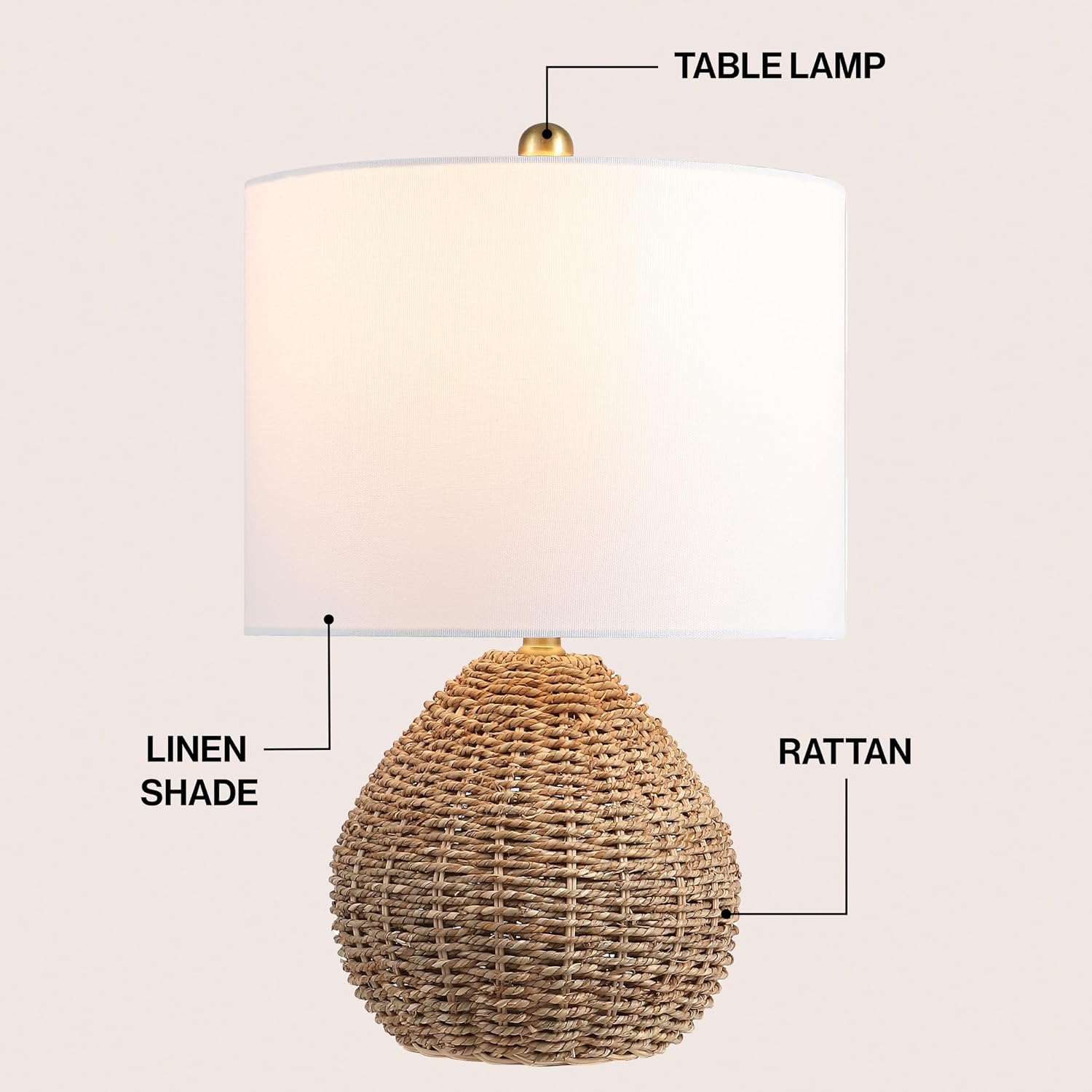 Jonathany JONATHAN Y 20.5" Brown Rattan and Iron LED Table Lamp, Coastal Bohemian Farmhouse Woven Nightstand Lamp with White Linen Drum Sha…