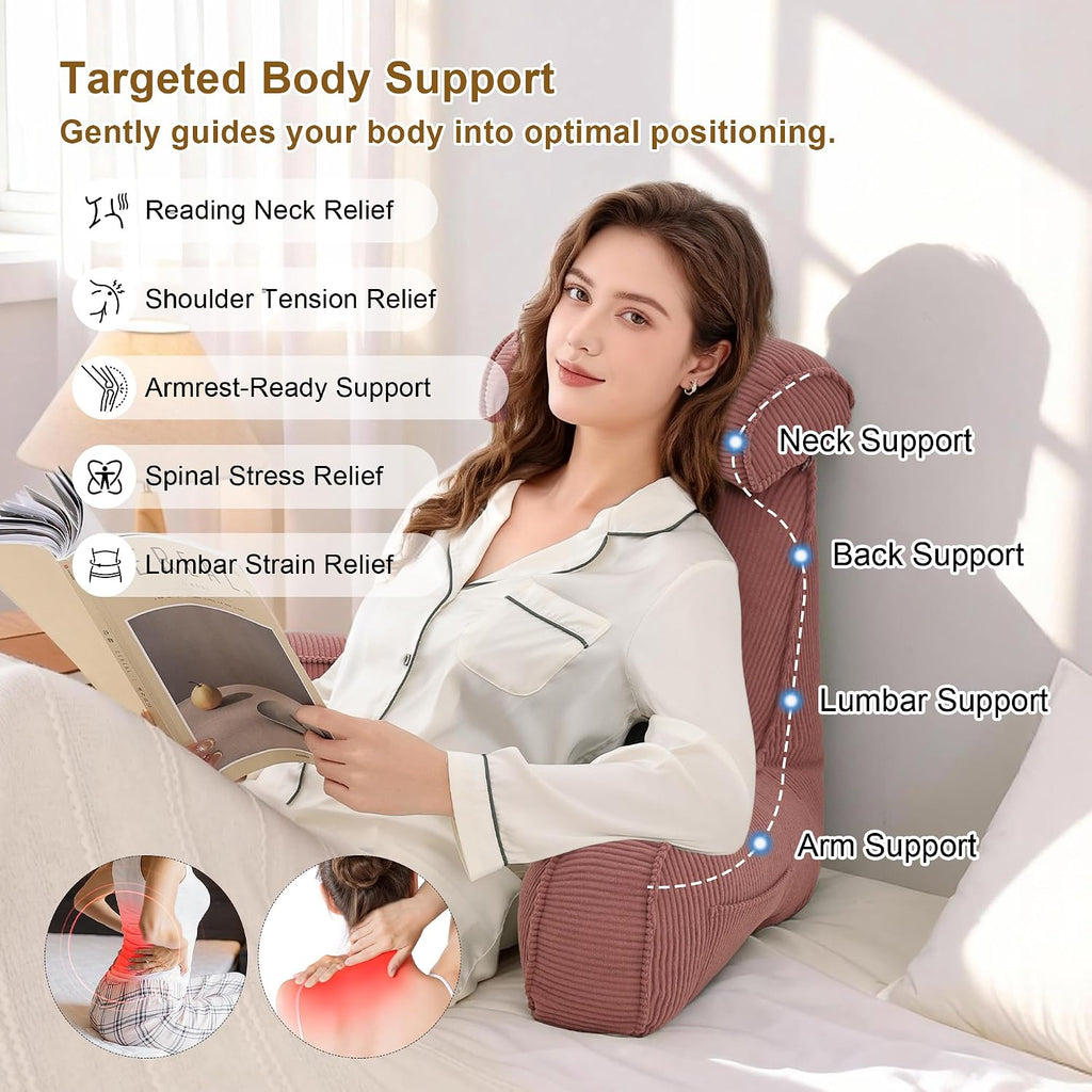 Ailuteie Corduroy Reading Pillow with Arms & Detachable Neck Roll, Bed Rest Back Support, Adult Cushion for Sitting Sofa & Floor, Side Pock…