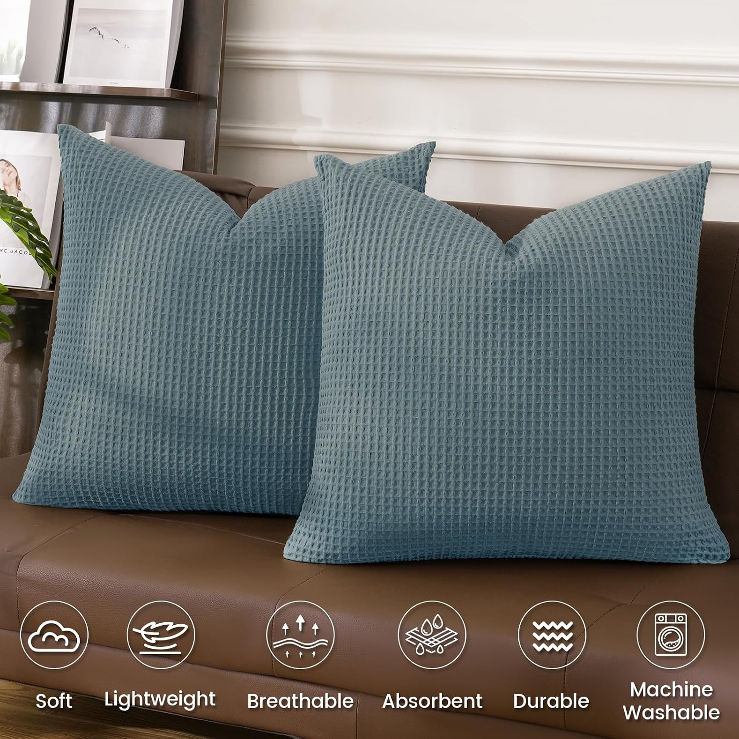 Phf 100% Cotton Waffle Weave Throw Pillow Cover, 24" x 24", No Filling, 2 Pack Elegant Home Decorative Square Throw Pillow Covers for Bed C…