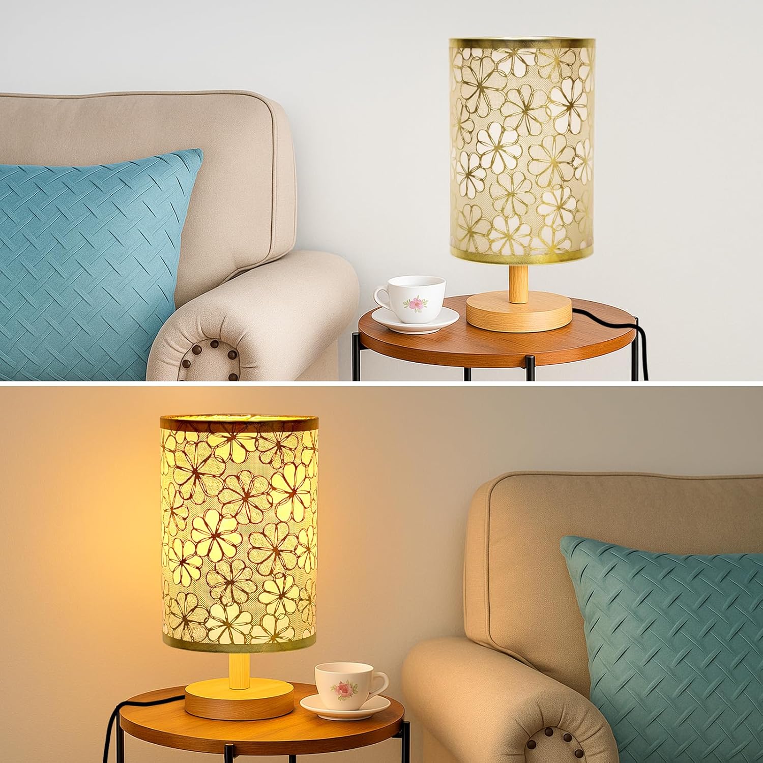 Desk Lamp LED Bulb Included, Small Bedside Table Lamp Plug-in - Classic Wood Base with Flaxen Fabric Shade, Lamps for Night Stands…