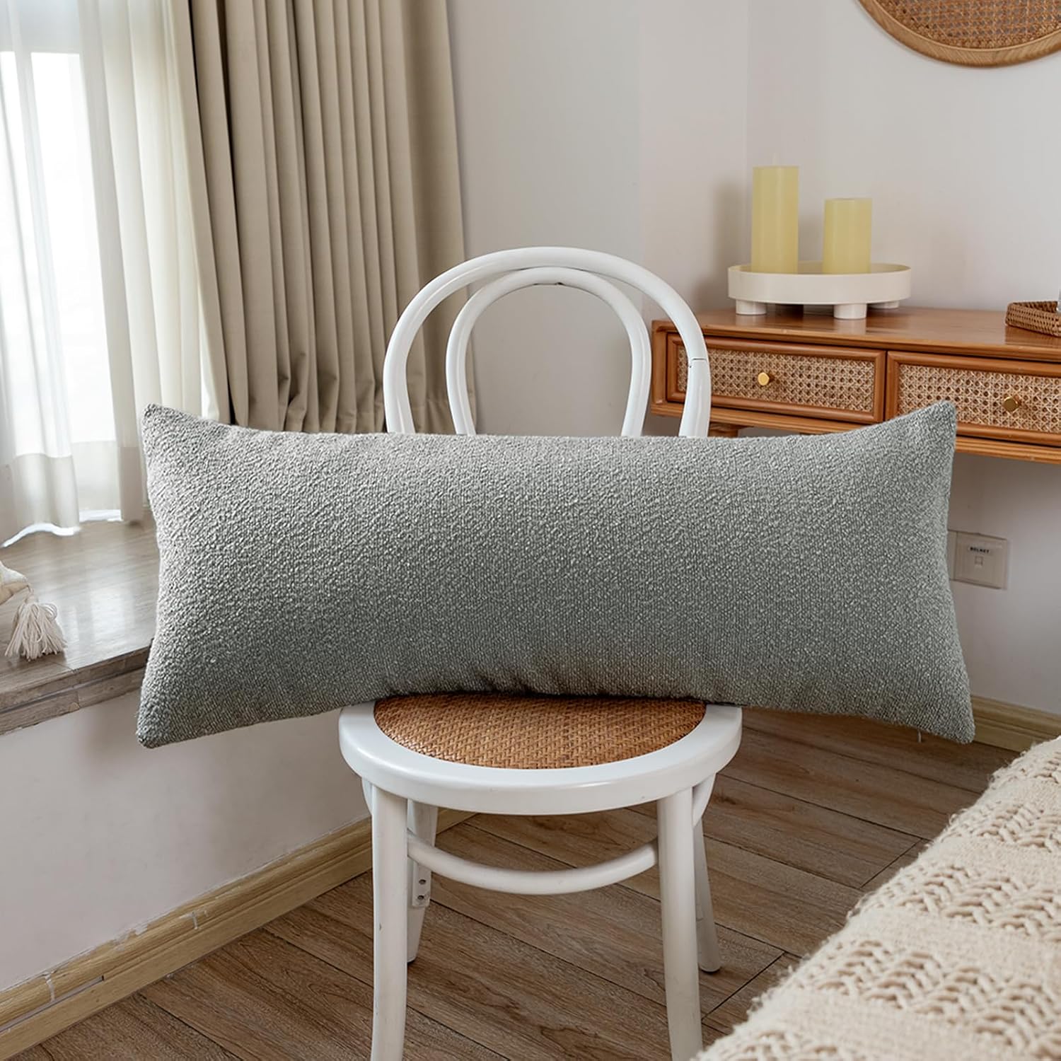 JoraLion 14x36 inch Boucle Lumbar Pillow Cover, Light Gray Woven Texture Neutral Long Pillow Cover Breathable Cushion Case for Couch Sofa…