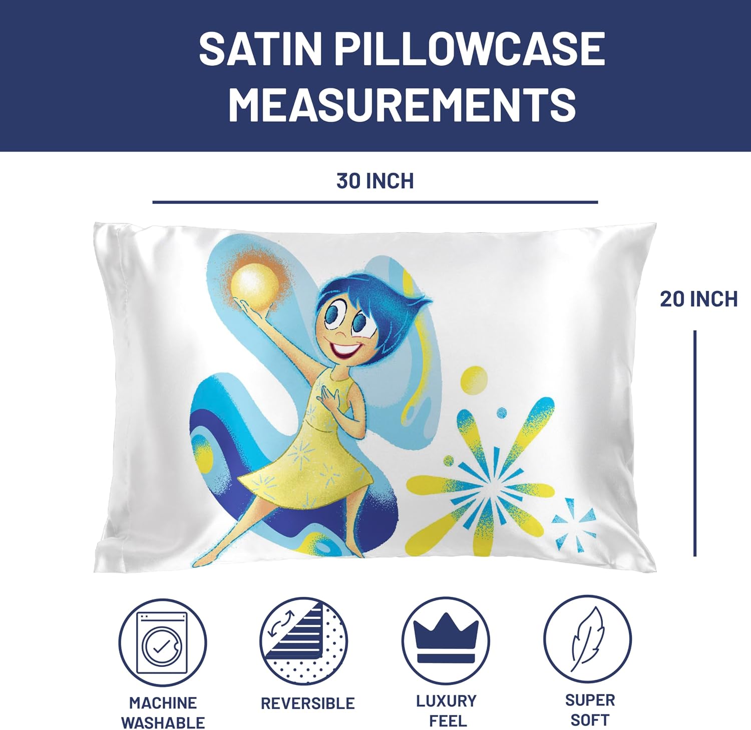JayFranco Disney Pixar Inside Out Joy Satin Pillowcase - Standard Size 20x30 Inch Silky Soft White Pillow Cover 30 inch White