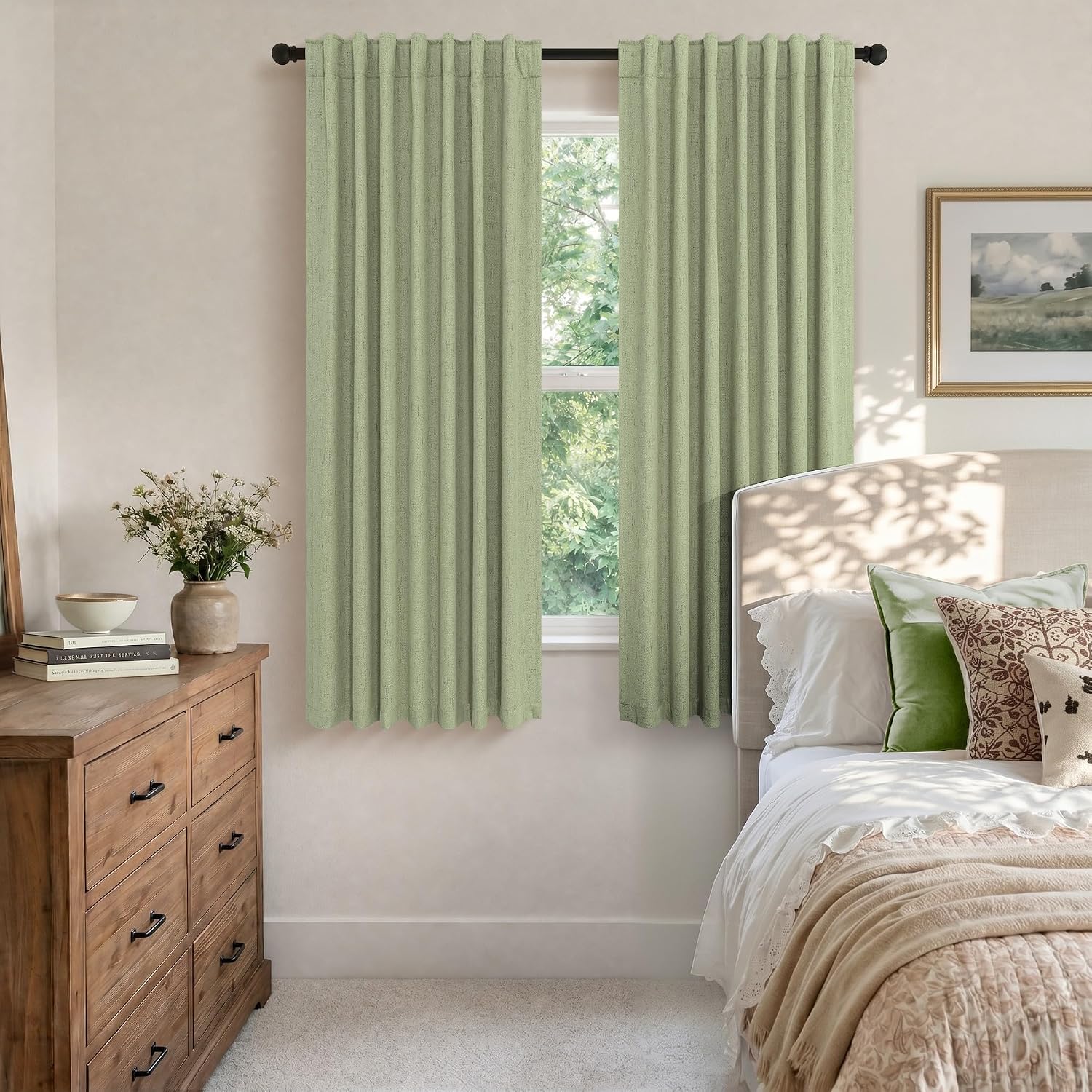 Pitalk Light Sage Green Back Tab Blackout Curtains for Boys Room Girls 72 Inch Length 2 Panel Cotton Linen Look Window Treatments Thick Sou…