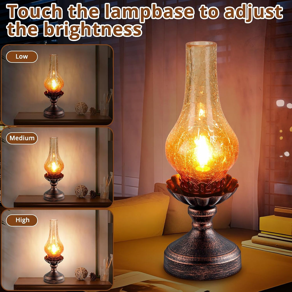 Vintage Table Lamp with Amber Gradient Crackle Glass Shade, Touch Control & 3-Way Dimmable Rustic Retro Farmhouse Bedside Lamp for…
