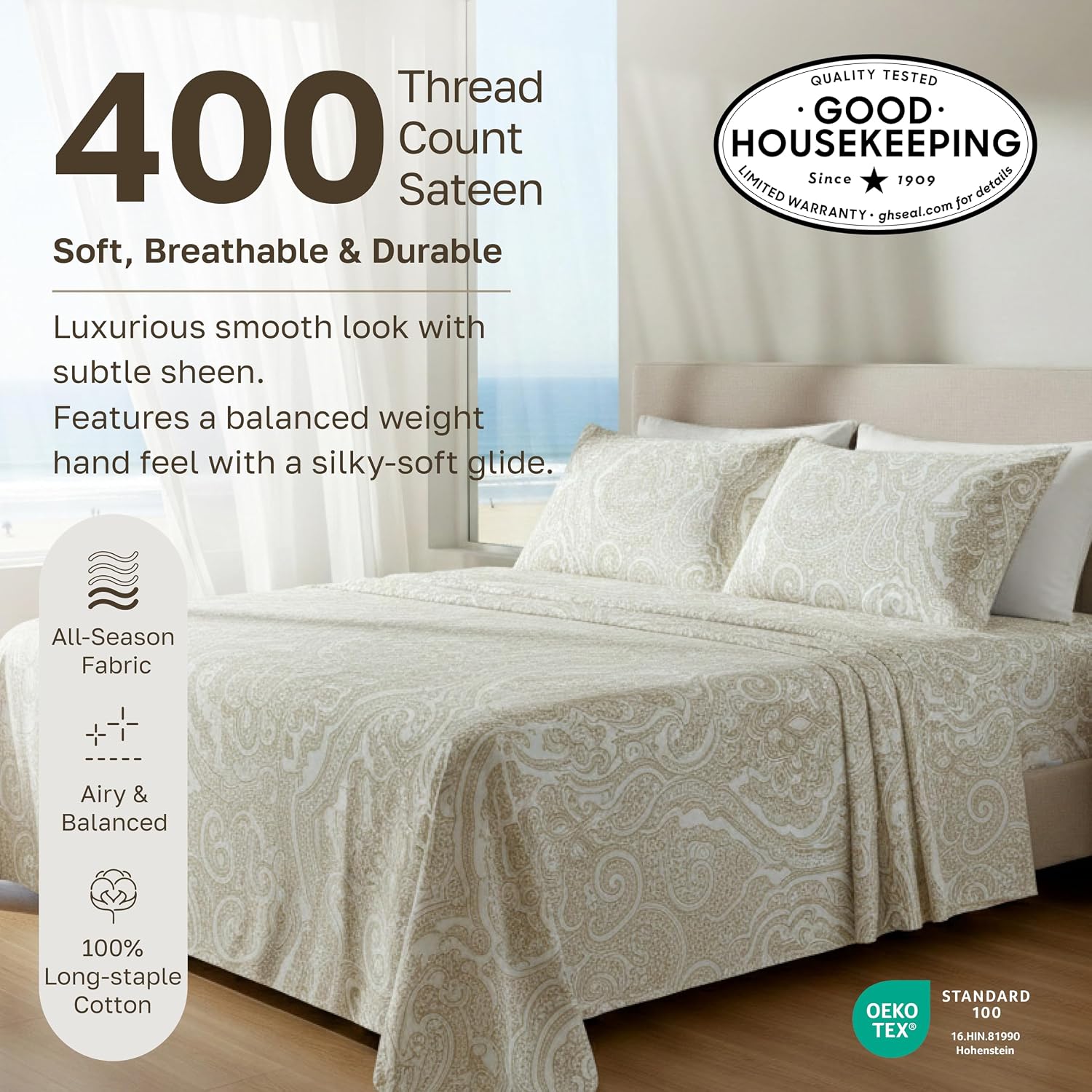 CaliforniaDesignDen California Design Den Soft 100% Cotton Sheets King Size Set, 400 TC Good Housekeeping Award Winner, Smooth Sateen Finis…