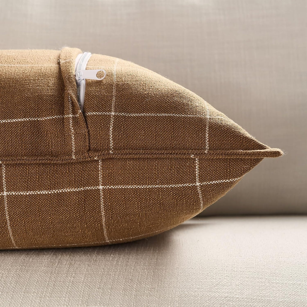 Brown Lumbar Plaid Throw Pillow Covers 12x20 Set of 2, Vintage Boho Decorative Chocolate Brown Plaid 12 x 20 Pillow Covers, Rustic…