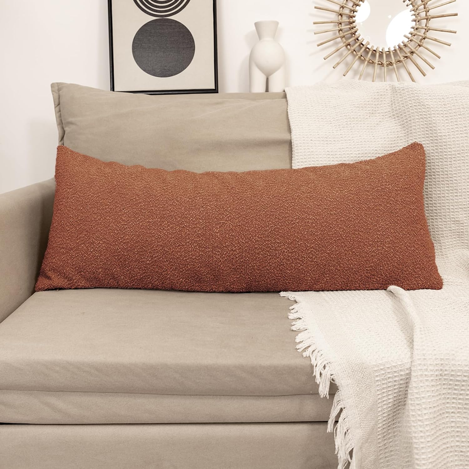 JoraLion 20x54 inch Neutral Boucle Body Pillow Cover, Rust Long Pillow Cover Cozy Soft Cushion Case for Couch Sofa Bed Living Room Home…