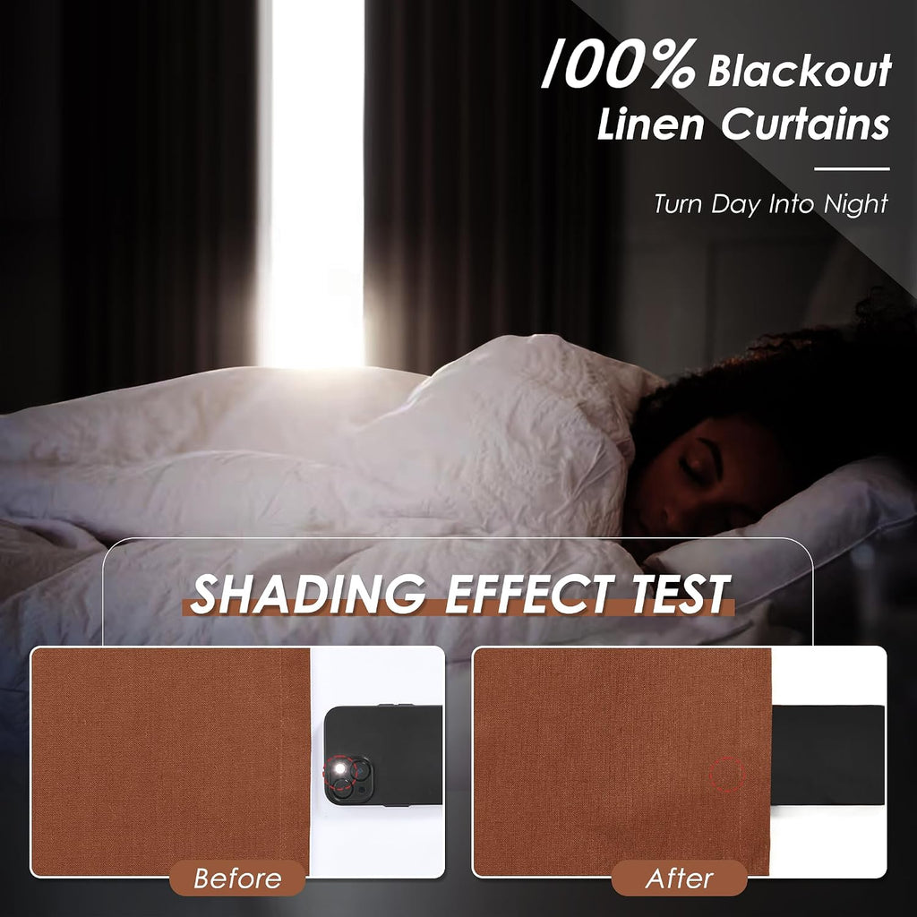 Nanspring Terracotta 100% Blackout Linen Curtains for Bedroom 90 Inches Long Back Tab Thermal Insulated Boho Farmhouse Decor Black Out Curt…