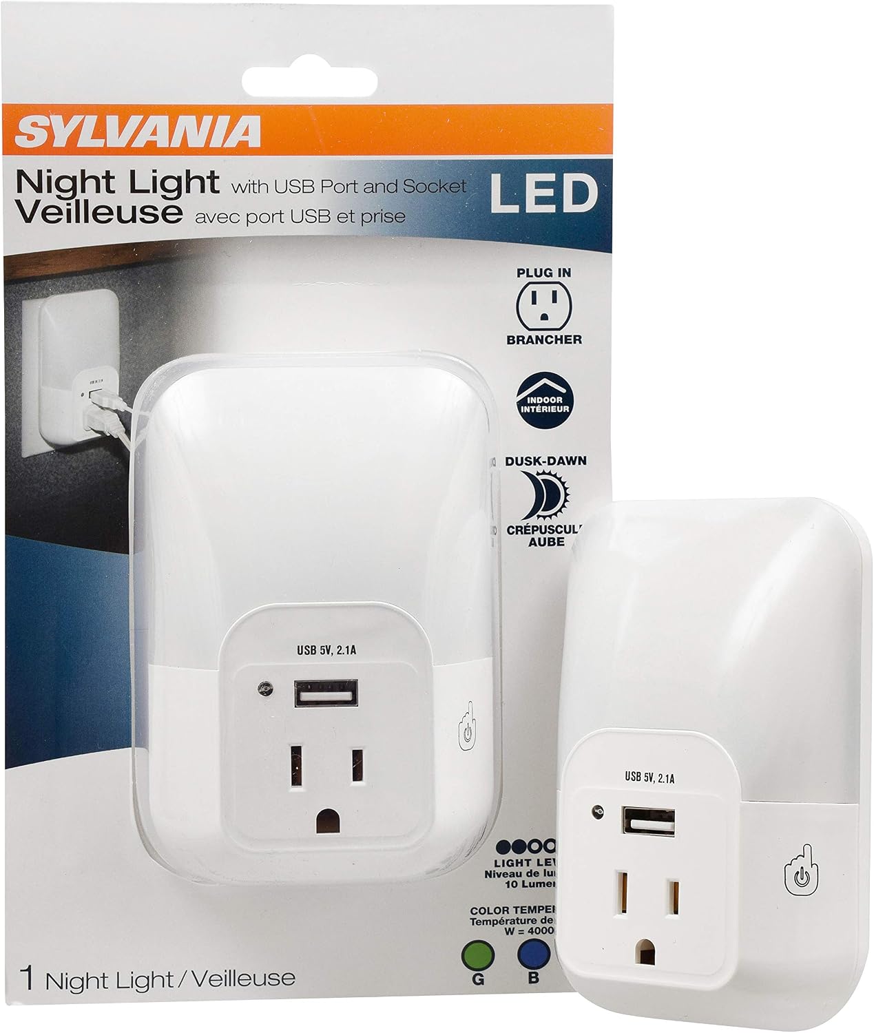 LEDVANCE Sylvania LED Night Light with USB Port and Socket, 3-Color Select, Frosted, 3000K, 5 Lumens, Cool White - 1 Pack (64991)