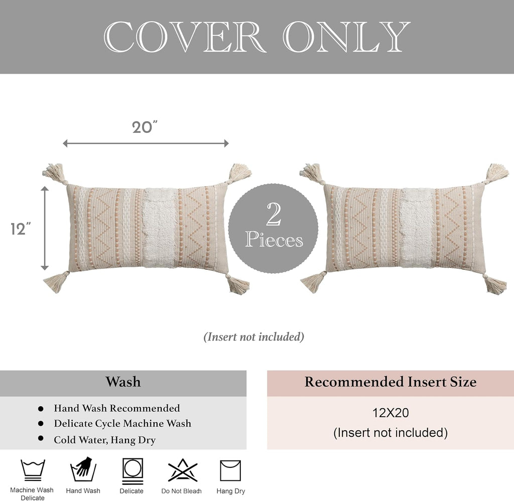 BlissBlush Decorative Lumbar Throw Pillow Covers 12x20 Combo Set of 2 Cream Neutral Rectangular Boho Accent Pillowcase Farmhouse Cushion…