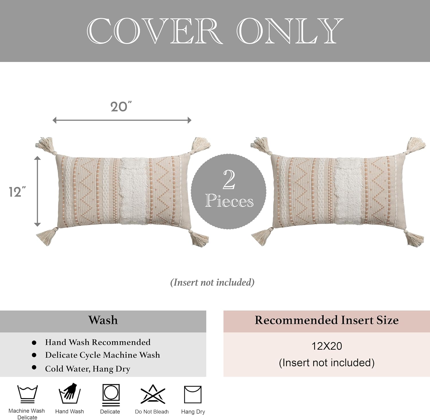 BlissBlush Decorative Lumbar Throw Pillow Covers 12x20 Combo Set of 2 Cream Neutral Rectangular Boho Accent Pillowcase Farmhouse Cushion…