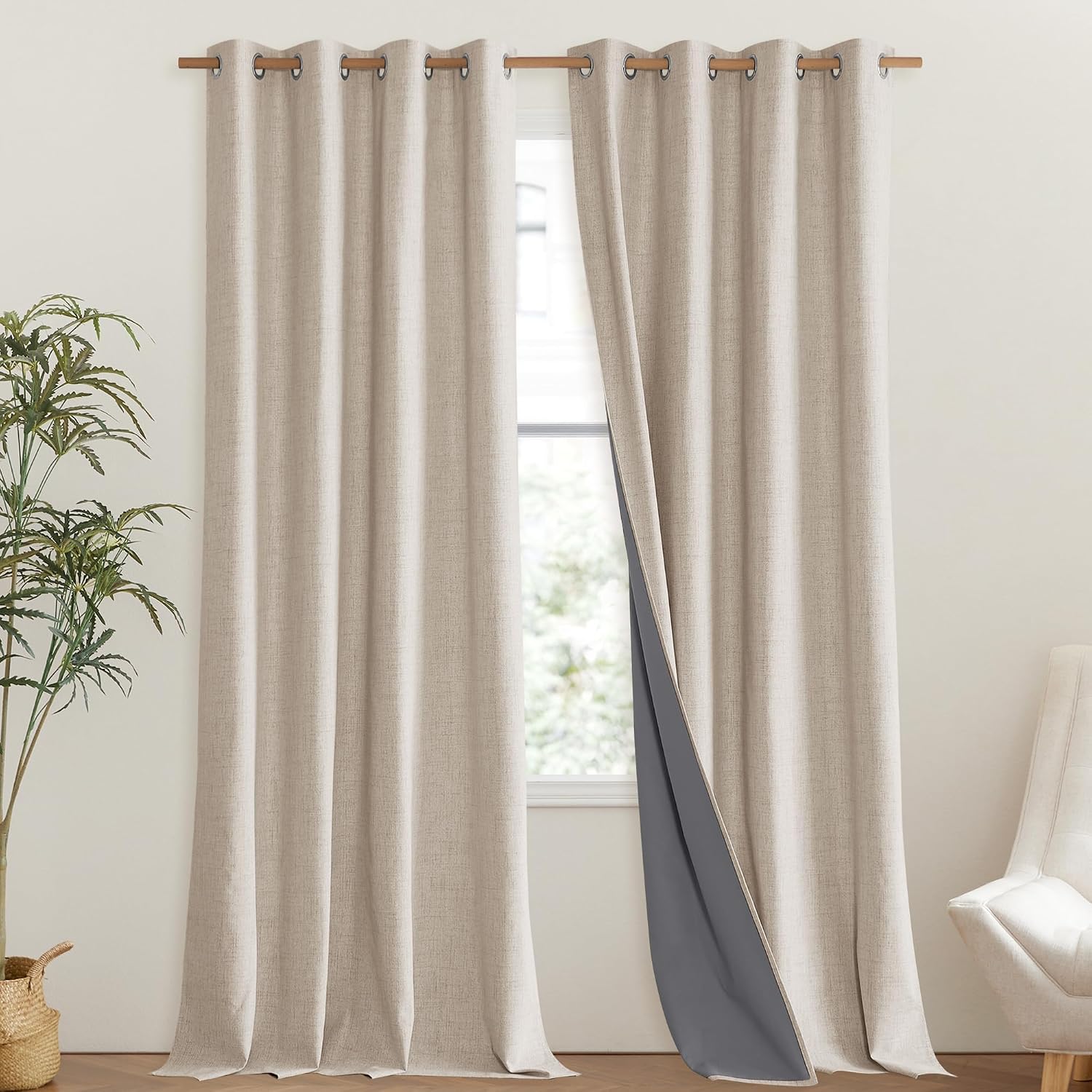 NICETOWN 100% Blackout Cream Linen Curtains 95 inches Length for Dining Room, 2 Panels Set, 52" Wide, Farmhouse Style Room Cooling Window…