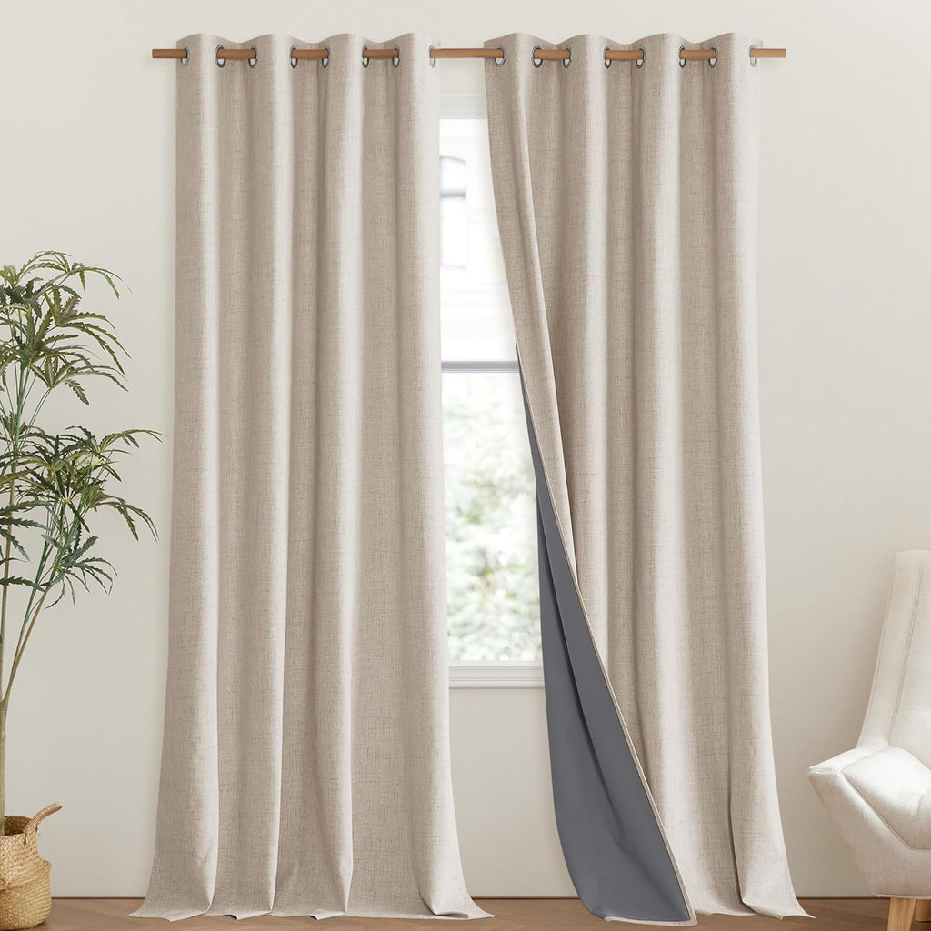 NICETOWN Cream 100% Blackout Linen Curtains 102 inch Long Burg for Living Room, 1 Pair, 52" Width Each Panel, Farmhouse Thick Completely…