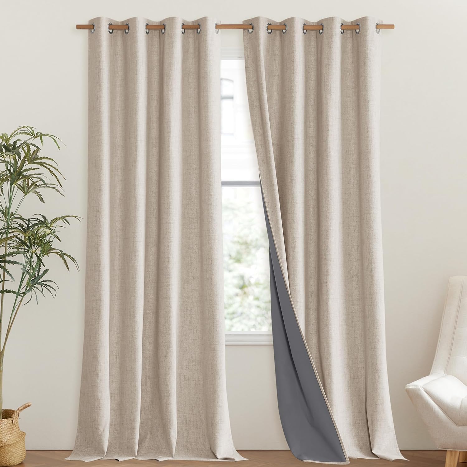 NICETOWN Cream 100% Blackout Linen Curtains 102 inch Long Burg for Living Room, 1 Pair, 52" Width Each Panel, Farmhouse Thick Completely…