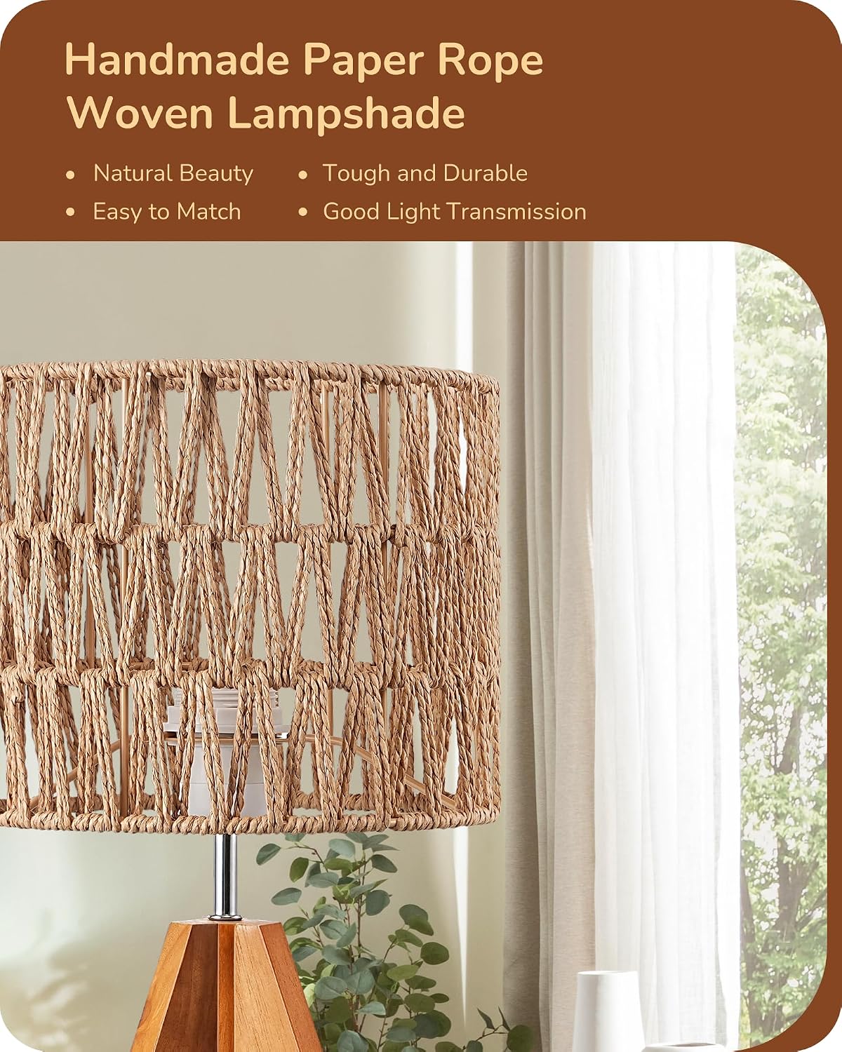 EDISHINE Small Table Lamp, Rattan Wood Tripod Bedside Lamp, Boho Nightstand Lamp for Living Room, End Table, Office, E26 Base, Natural Style