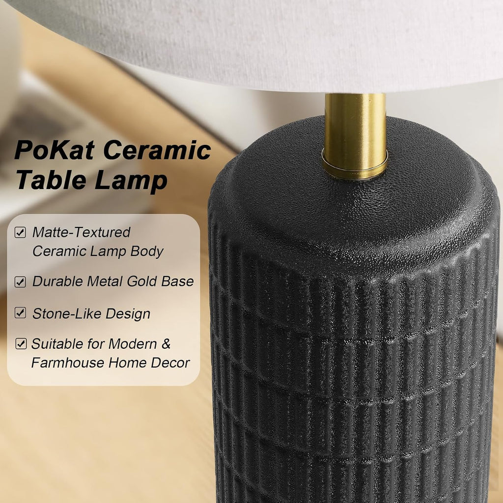 PoKat 25'' Black Ceramic Table Lamps Set of 2 with Gold Base for Bedroom Living Room, Farmhouse Matte-Textured Bedside Lamps for…