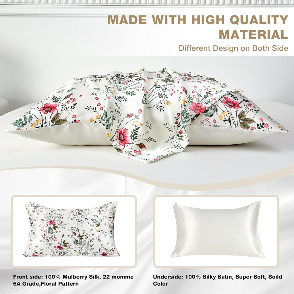 MANSPHIL Farmhouse Floral Silk Satin Pillow Cases Standard, Printed 22 Momme Mulberry Silk Top with Satin Underside Pillowcase for Hair…
