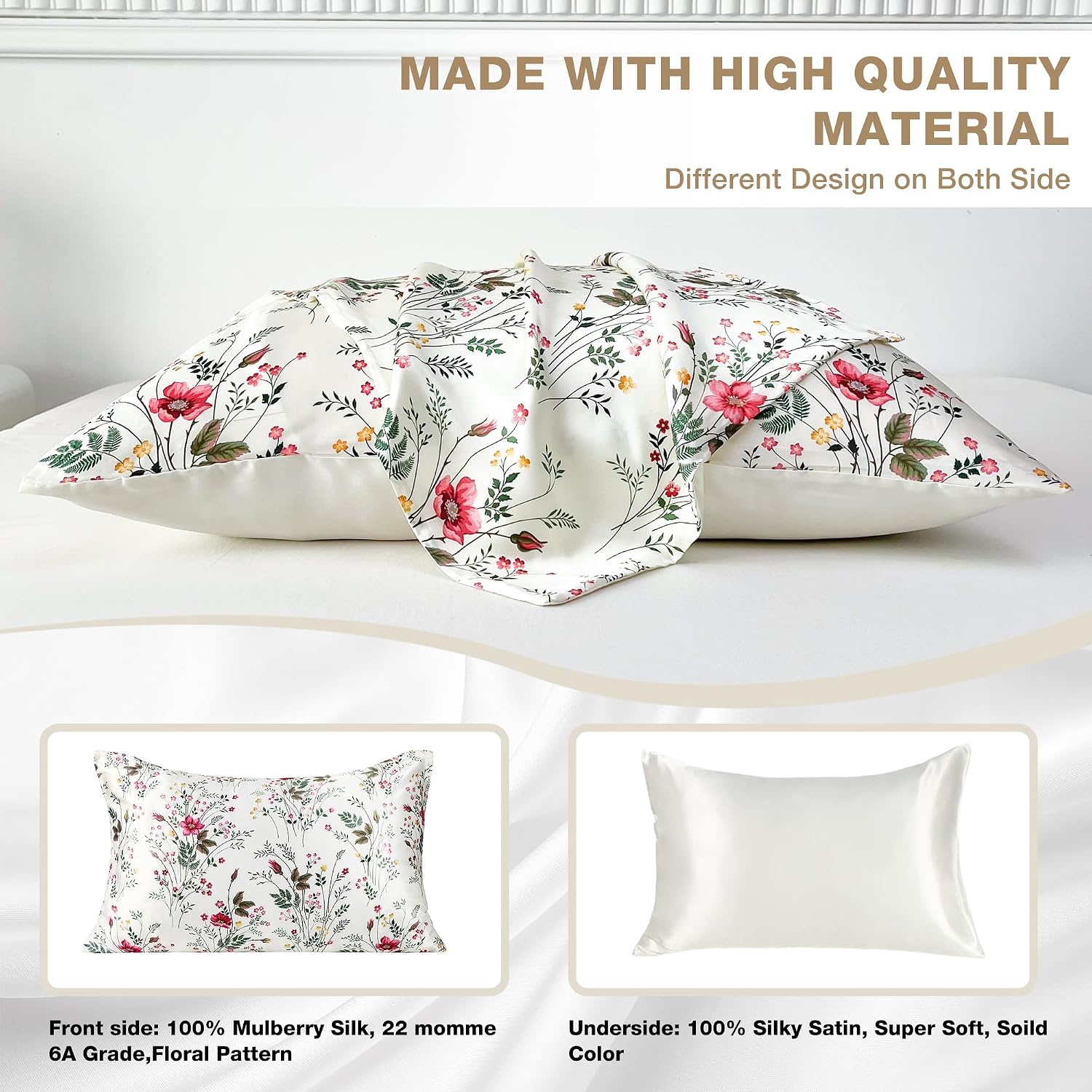 MANSPHIL Farmhouse Floral Silk Satin Pillow Cases Standard, Printed 22 Momme Mulberry Silk Top with Satin Underside Pillowcase for Hair…