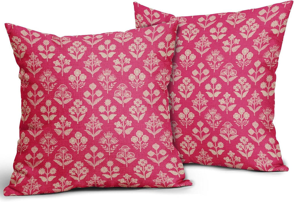 Hot Pink Floral Block Print Pillow Covers 16x16 Inch Set of 2, Vintage Flower Pattern Decorative Throw Pillowcases Outdoor Farmhouse…