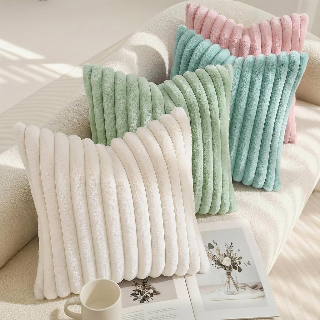 decorUhome Summer Cozy Faux Fur Throw Pillow Covers 24x24 Set of 2 Decorative Soft Plush Striped Modern Farmhouse Boho Couch Euro Sham Pill…
