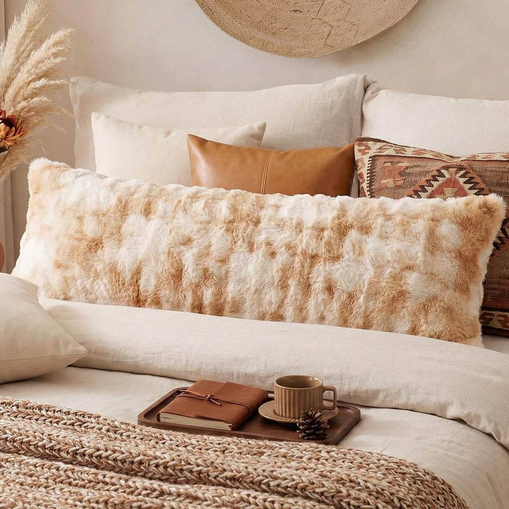 Chumerry Beige Fluffy Body Pillow Cover Faux Fur Pillowcase Extra Soft Fuzzy Plush Long Pillow Cover Gradient Taupe Shaggy Body Pillow Case…