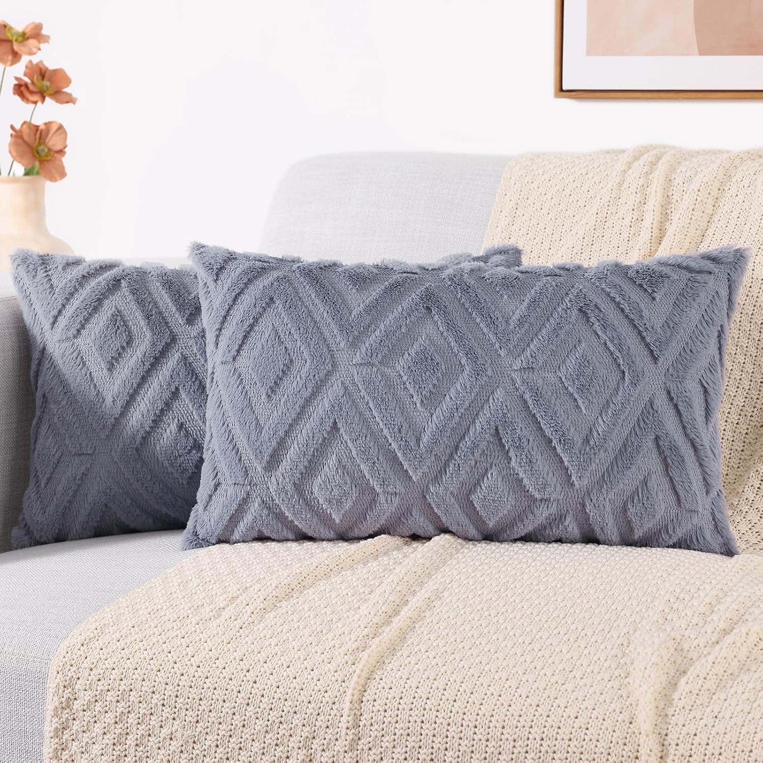 decorUhome Summer Couch Throw Pillow Covers 12x20 Set of 2, Decorative Soft Plush Faux Fur Wool Lumbar Accent Pillow Covers for Modern Farm…