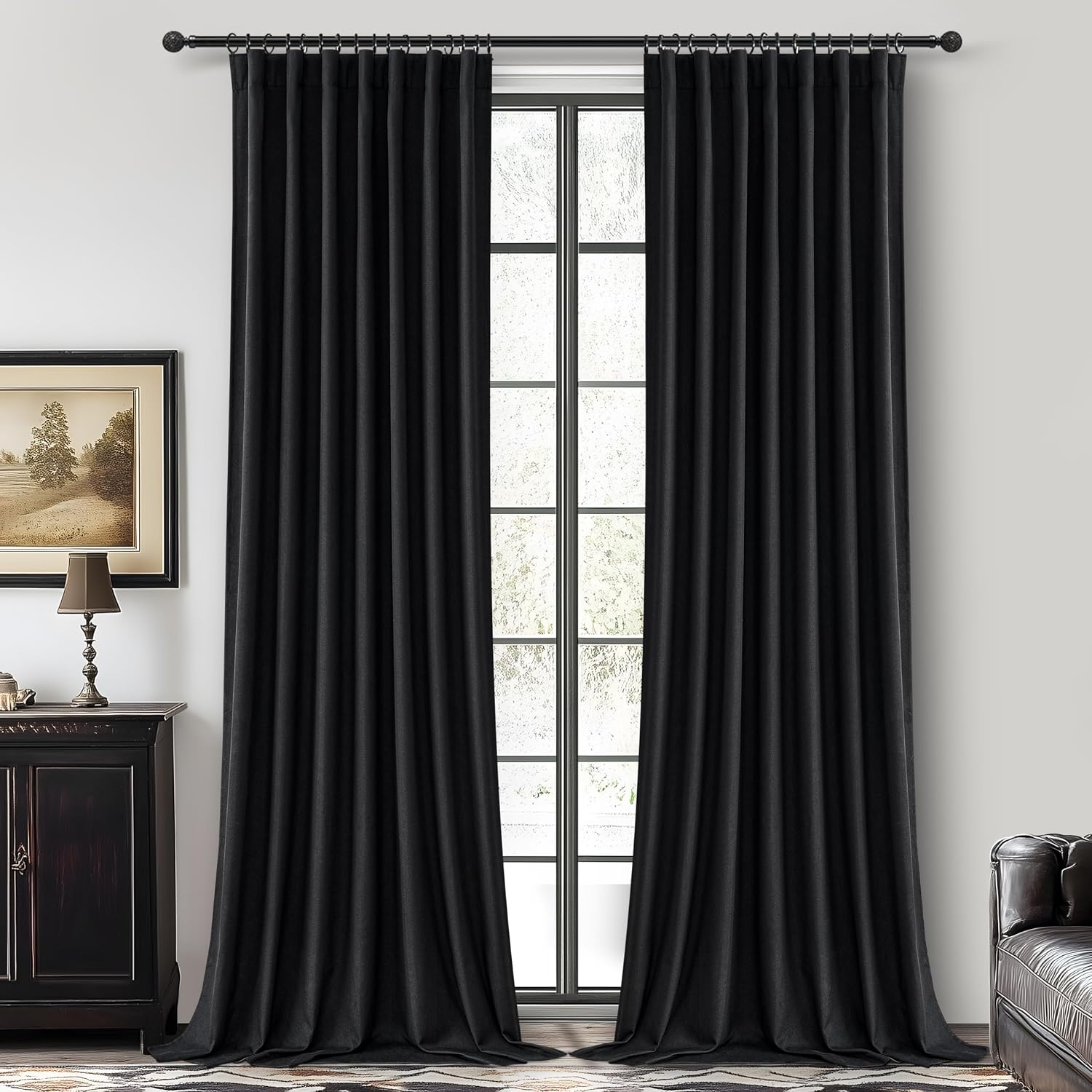 Qjmydeco Extra Long 120 Inch Black Curtains for Living Room, Luxury Linen Blackout Ceiling Track Curtain Rod Pocket for Sliding Glass Doors…