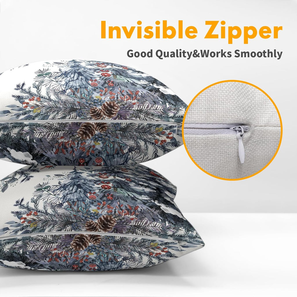 Granbey Christmas Tree Throw Pillow Covers 22x22 Inch Set of 2 Winter Watercolor Blue Grey Pine Trees Berry Bells Birds Decorative Pillowca…