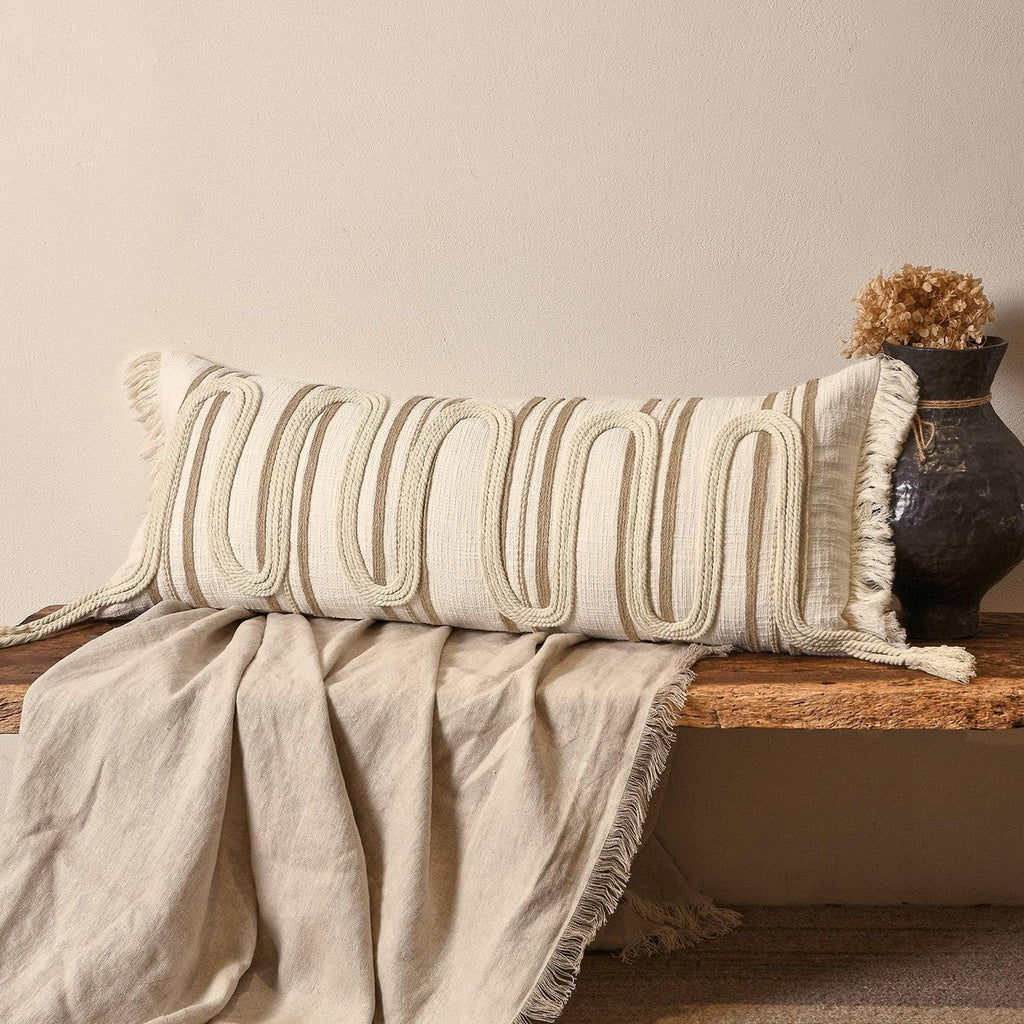 Aibuhome Beige Boho Body Pillow Cover 14x36 Inches, Handwoven Cotton Linen Lumbar Pillow Cover with Tassels, Farmhouse Decorative Cushion C…