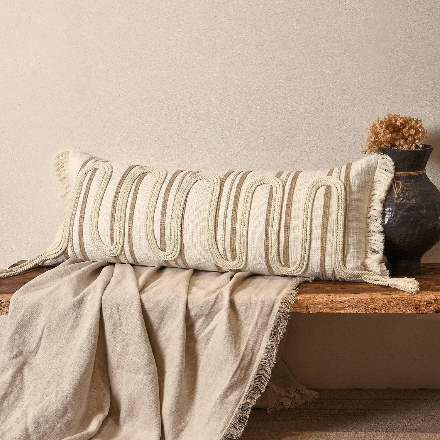 Aibuhome Beige Boho Body Pillow Cover 14x36 Inches, Handwoven Cotton Linen Lumbar Pillow Cover with Tassels, Farmhouse Decorative Cushion C…