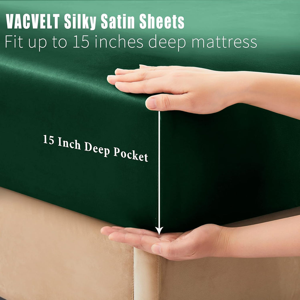VACVELT 4pcs Emerald Green Satin Bed Set, Full Size, 15 Inch Deep Pocket, Soft Satin Bedding Set, Cooling & Luxury, 1 Fitted Sheet + 1…